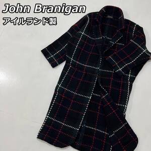 【john branigan】ジョン ブラニガン アイルランド製 チェック柄 ウール ニットコート 紺色 緑色 ネイビー グリーン レディース