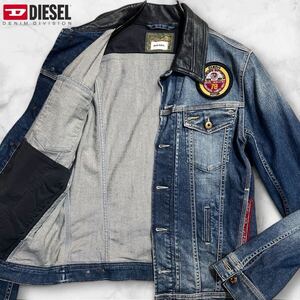 希少デザイン/L相当●DIESEL ディーゼル レザー切替 デニムジャケット Gジャン ブルゾン ボタン ワッペン インディゴブルー ウォッシュ加工