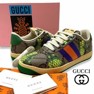 新品 正規品 GUCCI グッチ GGスプリーム マキシン レザー ローカット スニーカー パイナップル GGマーモント ロゴ シューズ マルチカラー 7