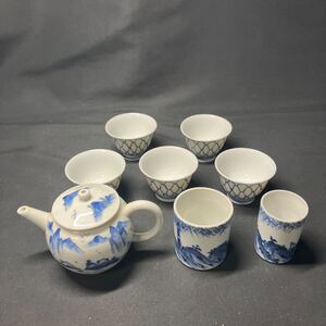 煎茶道具　京焼　急須　後手急須　煎茶碗　茶巾筒　巾筒　栄山　龍岳　平安白鳳　染付　山水図　山水画　