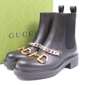 79672GUCCI グッチ 未使用品 サイドゴアブーツ ホースビット チェーン 靴 シューズ 35 1/2 22.5cm ブーツ レザー ブラック レディース