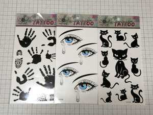 //*三枚です◆ TATTOO シール タトゥー 刺青 入墨 ねこ 猫 cat 瞳 目眼差し 足跡 ◆