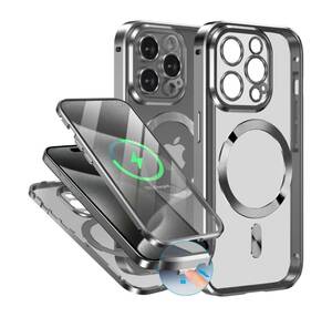 y022621m iPhone 15 Pro Max 用 ケース「magsafeケース+両面ケース+360°保護 」金属ボタンロック、軽量合金バンパー 耐衝撃ケース