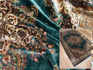 魁◆最高級厳選品 トルコ絨毯 カイセリ 手織り シルク100% 大判309×198㎝ 出来栄え最上手傑作品 綺麗な緑の絨毯！