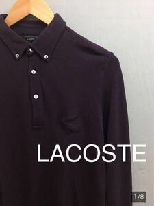 ラコステ LACOSTE リアル ワニ ビッグロゴ ポロシャツ 長袖 かの子 ウール 100％ ボタンダウンシャツ メンズ パープル 4サイズ !★