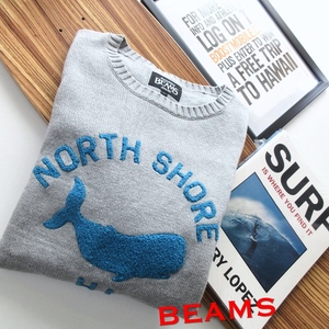 【BEAMS ビームス】ノースショア クジラ ニット刺繍 コットンセーター グレー M!!