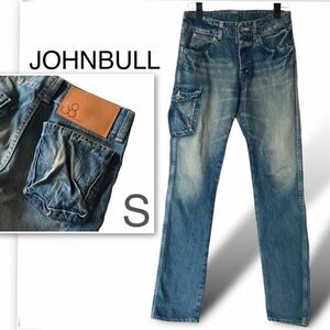 JOHNBULL ジョンブル メンズ カーゴデニムパンツ サイドポケット ボタンフライ レザーパッチ ジーンズ ブルー 1101 21-0207 訳あり