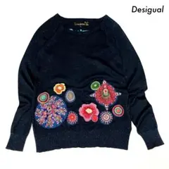 Desigual デシグアル★長袖ニット 花模様パッチワーク ラメ素材 ネイビー