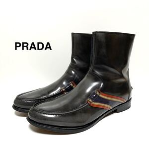 ☆良品 プラダ PRADA サイドライン ジップアップ レザー ショートブーツ ダークグレー size 8.5 イタリア製