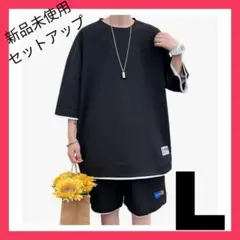 c393 メンズセットアップ Lサイズ 黒 Tシャツ ハーフパンツ 部屋着