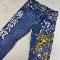 美品✨ 豊天商店 デニム M 勇猛果敢 成長祈願 桜 鯉 刺繍 和柄 激レア