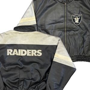 90s NFL RAIDERS レザー ジャケット XL ブラック×シルバー スタジャン オールレザー ロゴ 刺繍 アワード スタジアムジャンパー レイダース