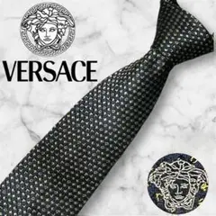 【美品】VERSACE ヴェルサーチ ネクタイ 文字 総柄 ロゴ 細剣先 黒 金