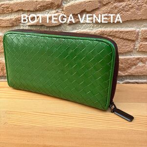 ◆正規品◆ BOTTEGA VENETA イントレチャート ラウンドファスナー 長財布グリーン