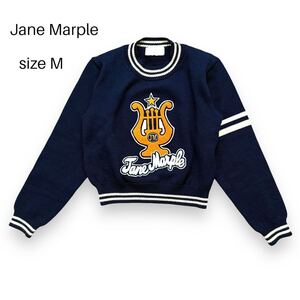 美品 Jane Marple ジェーンマープル クルーネック ニット セーター トップス ネイビー 紺色 ワッペン ウール 日本製 サイズ M