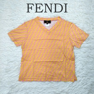 FENDI フェンディ ズッカ柄 Tシャツ 40 コットン100％ イエロー ピンク 中古 カットソー レディース ブランド 総柄 派手