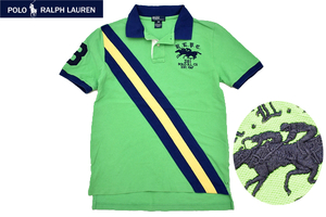 Y-8085★送料無料★美品★ Polo by Ralph Lauren ポロ ラルフローレン★正規品 グリーン レアな競馬ロゴ刺繍 鹿の子 半袖 ポロシャツ 150cm