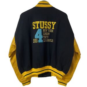 ■激レア■90s USA製 OLD STUSSY BIG 4 VARSITY JACKET L XL ステューシー ビッグ4 バーシティ ジャケット 袖革 スタジャン ビンテージ