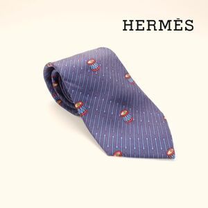 HERMES エルメス ネクタイ フランス製 総柄 太鼓 シルク100% 紺 ネイビー@KG144