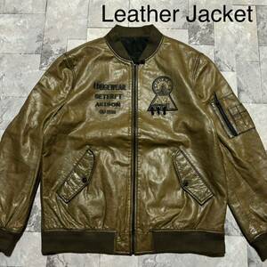 Leather Jacket ラムレザージャケット 羊革 革ジャン 刺繍ロゴ 一点物 ジップアップ ミリタリーデザイン 黄土色 サイズXL相当 玉FS1459