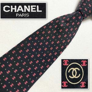 CHANEL シャネル　ネクタイ　ココマーク　ドット　総柄　シルク100% フランス製　ブラック×レッド　ビジネス