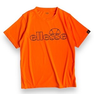 美品 ellesse エレッセ 半袖 プリント メッシュ Tシャツ 丸首 トップス ポリエステル トレーニングウェア 運動着 テニス M 蛍光 オレンジ