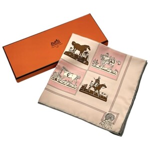 仙75【美品】HERMES カレ 40 スカーフ 馬柄 ホース ピンク系 箱付き エルメス プチカレ ハンカチ シルク100％