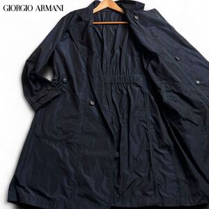 美品/希少モデル ●GIORGIO ARMANI ジョルジオアルマーニ メンズ ナイロン ロングコート アウター ●抜群の存在感 ダークネイビー 46 M〜L