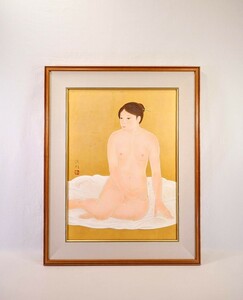 真作 大野俊明 日本画「待」画寸 53cm×72.5cm 20号 京都府出身 京都市立芸術大学特任教授 淡い色合い繊細な女性の機微を巧みに捉える 8439