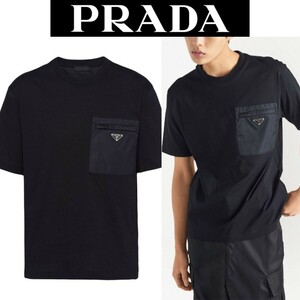 定価12万円 プラダ リナイロン ジャージーTシャツ L ブラック PRADA 半袖 黒 ポケット RE NYLON クルーネック バッグ ジャケット コート