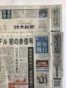 2020 年12月4日付け新聞5紙　鬼滅の刃　全面広告入り