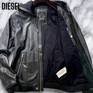 未使用級!!/XL相当◎DIESEL レザージャケット パーカー ブルゾン 羊革 ラムレザー ロゴプレート リブ 近年タグ ディーゼル メンズ ブラック