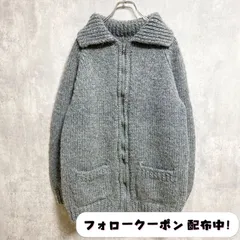 古着 used　長袖ニットカーディガン　ジップアップ　厚手ニット　セーター　グレー　灰色　秋冬服　ポケット