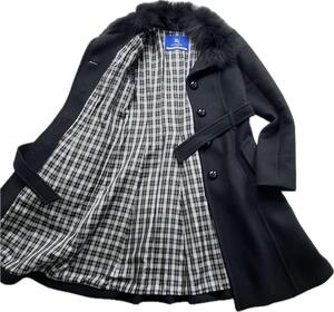 Burberry Blue label バーバリーブルーレーベル ロングコート ノバチェック フォックスファー アンゴラ ベルト 黒 ロゴボタン Aライン