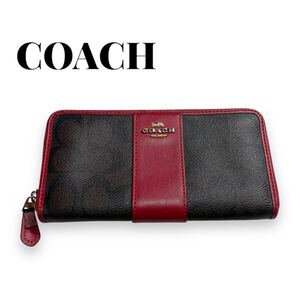 COACH コーチ 長財布 財布 シグネチャー ラウンドファスナー レザー ダークブラウン×レッド