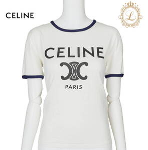 【返品可】CELINE セリーヌ トリオンフ ロゴ カットソー Tシャツ 半袖 トップス サイズS 白×ネイビー ブランド アパレル 中古 中古品-非