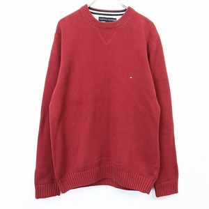 トミーヒルフィガー TOMMY HILFIGER ニット セーター Vガゼット 丸首 ワンポイント刺繍 ロゴ 長袖 綿100% S レッド系 赤系 メンズ 男性