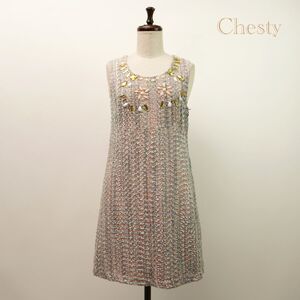 美品 Chesty チェスティ シルク混 ビジュー刺繍 ラメツイード ノースリーブAラインワンピース 膝丈 レディース マルチカラー サイズ0*LC43