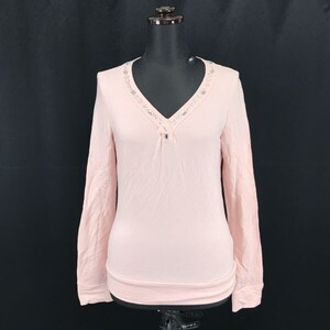 INDIVI★Vネック/ビジュー/長袖カットソー【women’s size -38/M/薄ピンク/light pink】long sleeve/Tops◆BG943