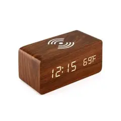 目覚まし時計 木目 デジタル時計 温度計 スヌーズ 音声感知 携帯充電