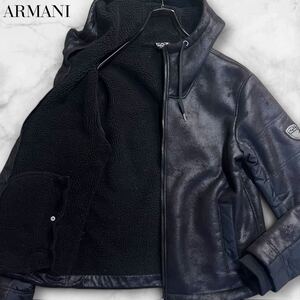 希少/L相当●EMPORIO ARMANI エンポリオアルマーニ ムートン調 切替 パーカー ブラック 黒 ジャケット ブルゾン ボア エンブレム 厚手 