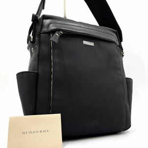 1円《 美品・廃盤 》BURBERRY バーバリー ショルダーバッグ メンズ ロゴプレート ノバチェック 斜め掛け クロスボディ 多収納 ブラック 黒