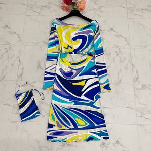 【新品同様/保存袋付き】Emilio Pucci エミリオプッチ ロングワンピース ウエストベルト プッチ柄 総柄 長袖 シルク 伸縮性あり ブルー