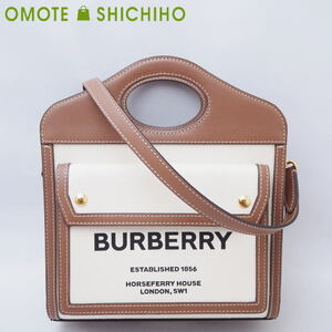 BURBERRY バーバリー ミニ ポケットバッグ ハンドバッグ キャンバス レザー ナチュラル モルトブラウン 茶 80393611 未使用品◆Sランク