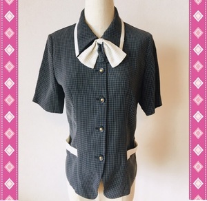 【中古】Folk_7号_オーバーブラウス（リボン・肩パット付）FB7035-2/フォーク/かわいい会社事務服/おしゃれOL制服/チェック柄