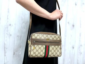 極美品 GUCCI グッチ GGスプリーム インターロッキング シェリーライン ショルダーバッグ バッグ レザー×キャンバス ベージュ×茶 71840Y