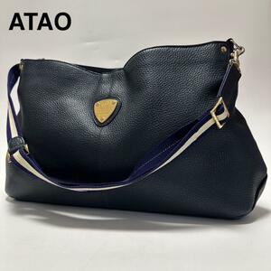 b85【極美品】アタオ　ATAO　レザー　シボ革　ロゴ金具　エルヴィ　ストライプ　ネイビー　紺色　ショルダーバッグ