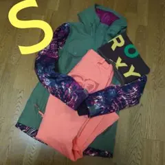 【美品】ROXY　ウェア上下セット　Ｓ　カーキ　ボタニカル　サーモンピンク