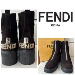 FENDI ヴィンテージ　ブラウンスエード　ロゴ　ジップ　ショートブーツ