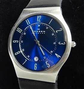 【中古動作品】★SKAGEN スカーゲン 233XXLSLN 3針 デイト クォーツ メンズ腕時計 ブルー文字盤 